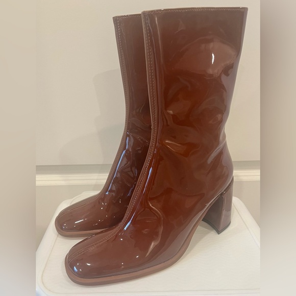 Urban Outfitters Shoes - NEW Urban Outfitters Mid Calf Brown Patent Block Heel Boots
